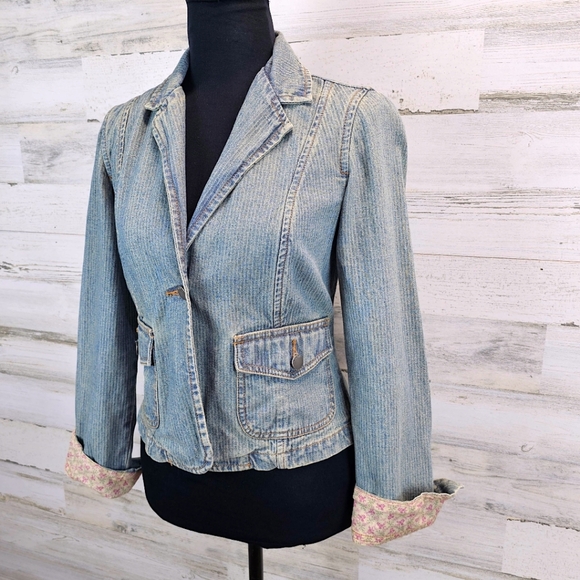 True Vintage Mossimo Paris Hilton Style Fitted Y2K Pinstripe Denim Jacket Small - Picture 2 of 11